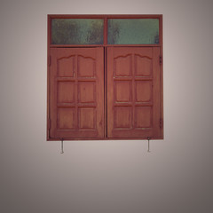 A regular wooden framed window with shutters on an isolated plastered wall with color filter
