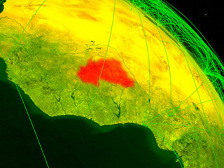 Burkina Faso from space on model of digital planet Earth with network. Concept of digital technology, connectivity and travel.