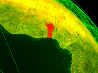 Benin from space on model of digital planet Earth with network. Concept of digital technology, connectivity and travel.