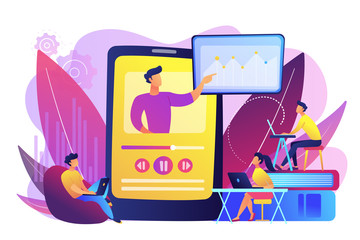 Students watching online training video with teacher and chart on tablet. Online teaching, share your knowledge, english teacher online concept. Bright vibrant violet vector isolated illustration