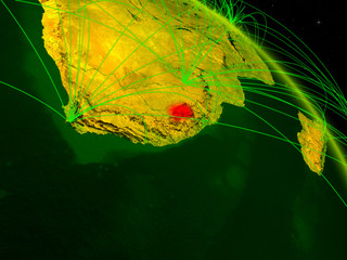 Lesotho from space on model of digital planet Earth with network. Concept of digital technology, connectivity and travel.