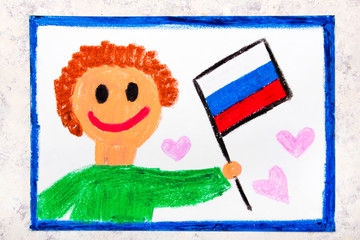 Colorful drawing: Happy man holding Russian flag. Flag of  Russia and smiling boy