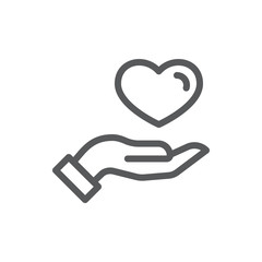 Human hand holding or giving heart thin line icon with editable stroke.