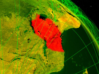 Tanzania from space on model of digital planet Earth with network. Concept of digital technology, connectivity and travel.