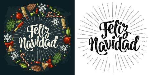 Circle shape set for Merry Christmas. Vector vintage color engraving