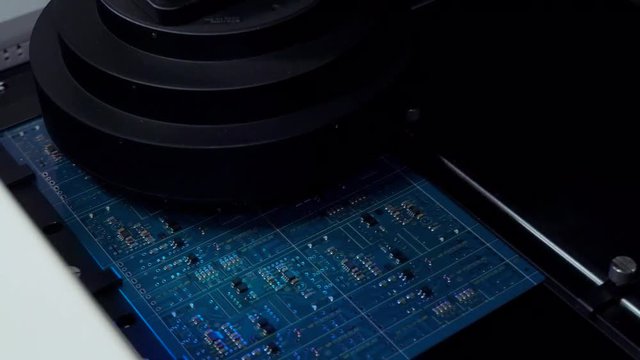 electrical Board inspection equipment. Printed circuit boards production factory. Technological process. Microchip production factory