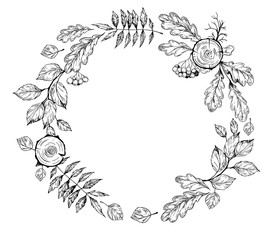 Floral wreath with tree leaves. Hand drawn illustration converted to vector