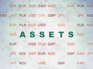 Money concept: Painted green text Assets on Digital Data Paper background with Currency