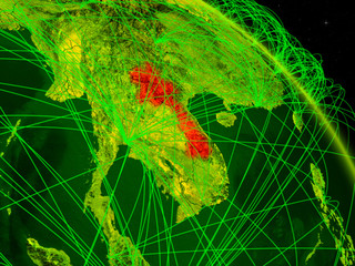 Laos from space on model of digital planet Earth with network. Concept of digital technology, connectivity and travel.