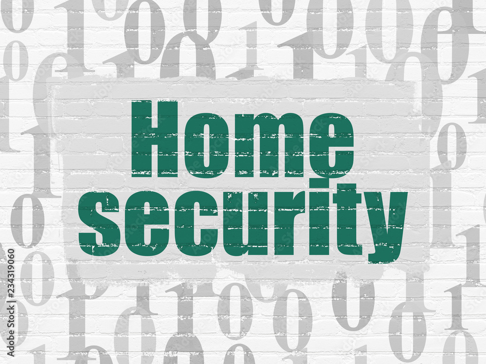 Poster privacy concept: painted green text home security on white brick wall background with binary code