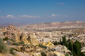 aerial view on Cappadocia, Goreme. Beautiful Turkish landscape. Most popular and famous place in Turkey 
