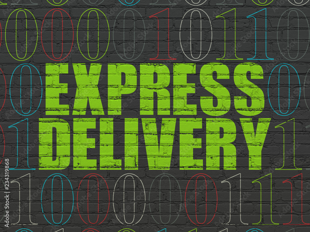 Poster finance concept: painted green text express delivery on black brick wall background with binary code