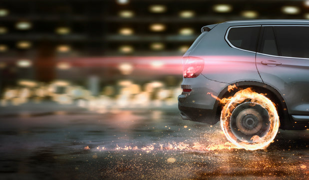 schnelles Auto mit brennenden Reifen