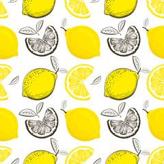 Citroen naadloos patroon. Kleurrijke schets citroenen. Citrusvruchten achtergrond. Elementen voor menu, wenskaarten, inpakpapier, cosmeticaverpakkingen, posters enz