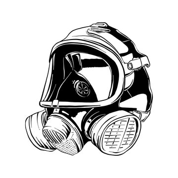 Vector engraved style illustration for posters, logo or emblem. Hand drawn sketch of firefighter gas mask isolated on white background. Detailed vintage etching style drawing.