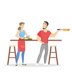 Man and woman cooking together. Husband and wife