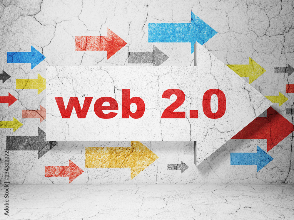 Poster web development concept: arrow with web 2.0 on grunge textured concrete wall background, 3d renderin