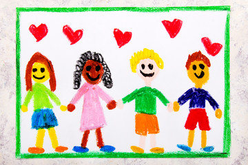 Colorful drawing: A group of happy international friends holds hands