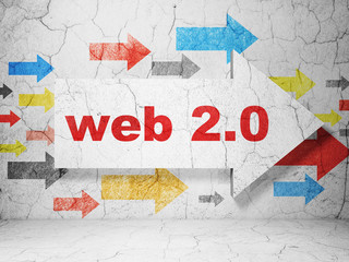 Web development concept:  arrow with Web 2.0 on grunge textured concrete wall background, 3D rendering