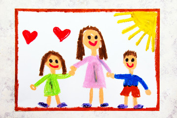 Colorful drawing: Single parenting. Smiling family with mother and her two kids: daughter and son.