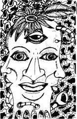 Black and white illustration of an idol with three faces.