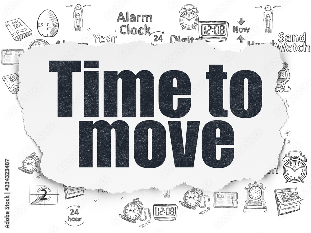 Poster time concept: painted black text time to move on torn paper background with hand drawing time icons