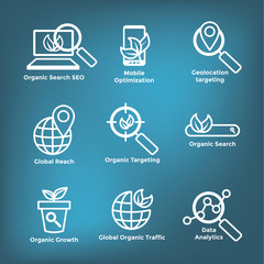 Search and SEO Web Header Hero Image Banner with organic growth, search, and locality ideas icon set