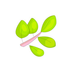 Pink branch icon with cartoon green leaves. Green cartooning leaves, positive spring colors. Cartoon leaf. Funny icon branch green leaves.