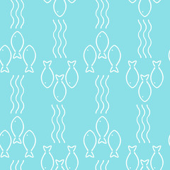 Vector seamless pattern with fish and waves. Cute summer background. For textile and fabric, cover, print on clothes for children. Simple marine wallpaper.