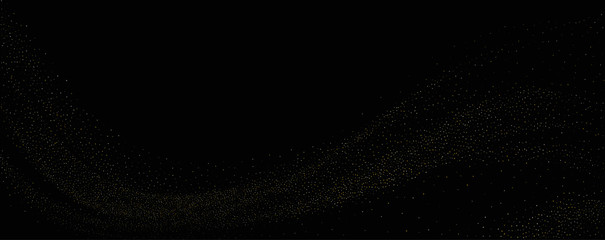 Gold dust on a black background. Small particles, Golden glitter, confetti, sequins in the form of moving waves. Luxury pattern