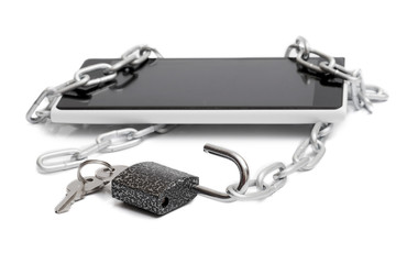 unlocked padlock in front of smartphone and chain, isolated on white background