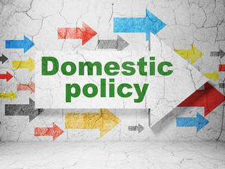 Political concept:  arrow with Domestic Policy on grunge textured concrete wall background, 3D rendering