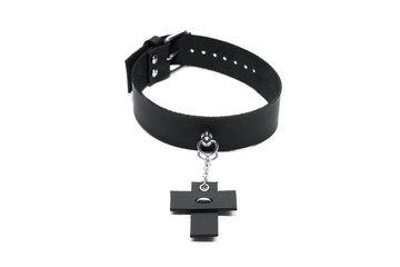Black leather choker on a white background. Side view