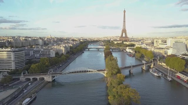 Aerial shot of Paris Eiffel Tower and Seine River