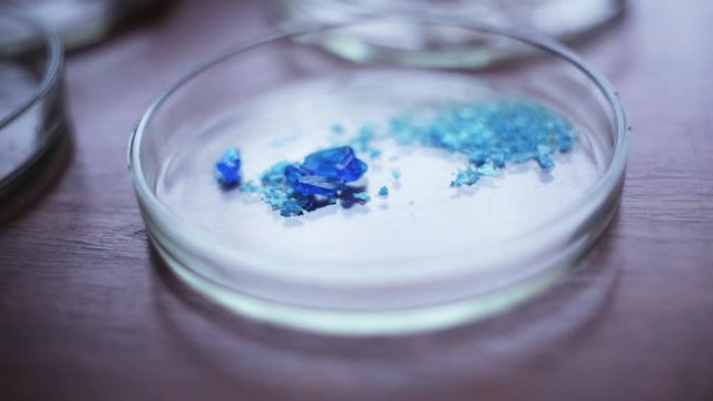 Samples of colored different chemical materials lying on the table in research laboratory. Chemistry. Indoors. School. Close-up.