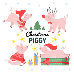 Obraz na płótnie Canvas Cute Christmas pig set in different poses cartoon vector illustration. Happy holiday piggy collection isolated on white