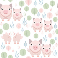 Cute pig seamless pattern on white background. Happy piggy cartoon vector illustration