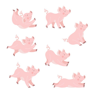 Cute pig animation set cartoon vector illustration. Happy piggy in different poses collection isolated on white