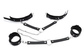 Black leather handcuffs isolated on white background. BDSM Kit