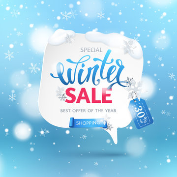 Winter sale banner with paper speech bubble, ribbon, snowflakes and text. Blue background with snowfall and hanging tag for design of flyers with discount offers and special seasonal retail promotion.