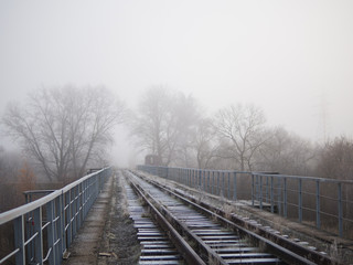 Foggy road in the early morning at the end of autumn