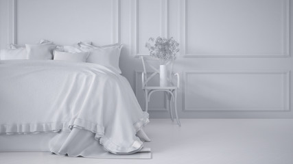 Total white project of vintage classic bedroom with soft bed full of pillows and blankets, white molded wall, wooden side chairs, elegant interior design