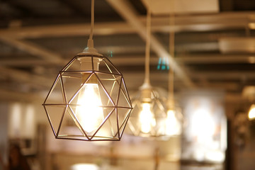 Vintage caged creative lamp light bulb in modern style for home or restaurant decor. Interior light design concept.