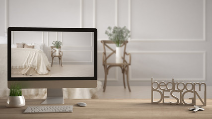 Architect designer project concept, wooden table with keys, letters bedroom design and desktop showing project, blurred draft in the background, white interior design