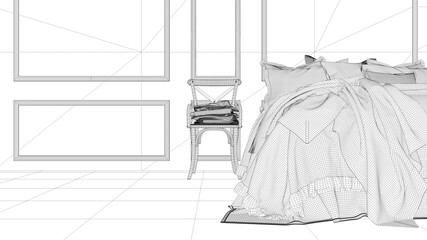 Fototapeta na wymiar Interior design project, black and white ink sketch, architecture blueprint showing vintage bedroom with soft bed full of pillows and blankets. Contemporary architecture