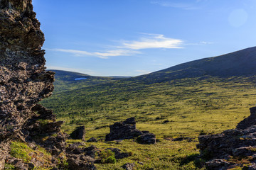 Beautiful panoramic view. Mauntain landscape. Travel to the northern Urals. Panorama of the nature of the Northern Urals.