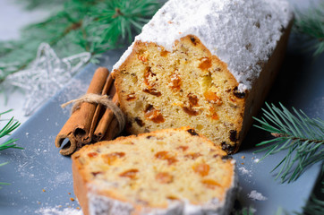 Fruit and Nut Loaf Cake Dusted with Icing Sugar, Christmas and Winter Holidays Treat