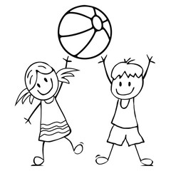 Girl and boy with ball, funny vector illustration, coloring book
