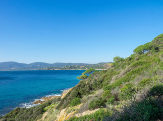 Le cap Lardier. La Croix Valmer. Vue sur la plage Gigaro, la baie de Cavalaire et la presqu'île de Saint-Tropez depuis le sentier du littoral.