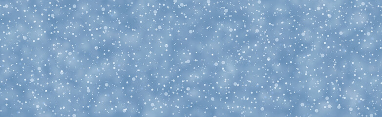 Blue abstract banner with blurred snow for winter, Christmas and New Year decorations.